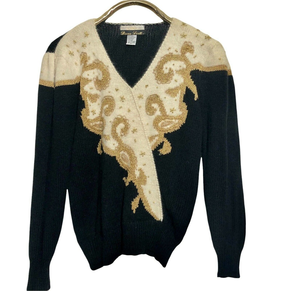 Vintage Retro Embellished Sweater Metallic Pullover Wool Blend